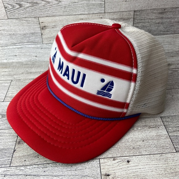 Maui Hat Mesh Trucker Snapback Rope Adjustable Cap Red White Blue Beach Wear - Picture 6 of 16
